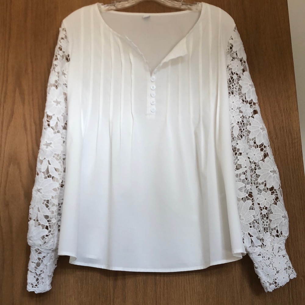 White Pleated Buttoned Blouse with Lace Sleeves